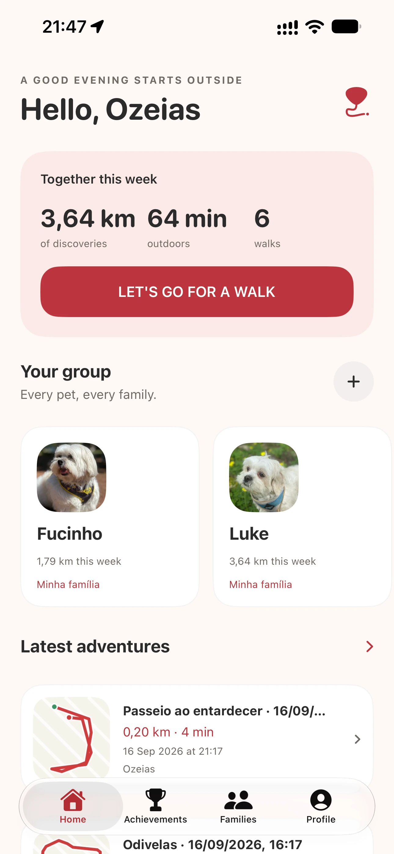 Tela inicial do SnoutGo com pets e passeios recentes