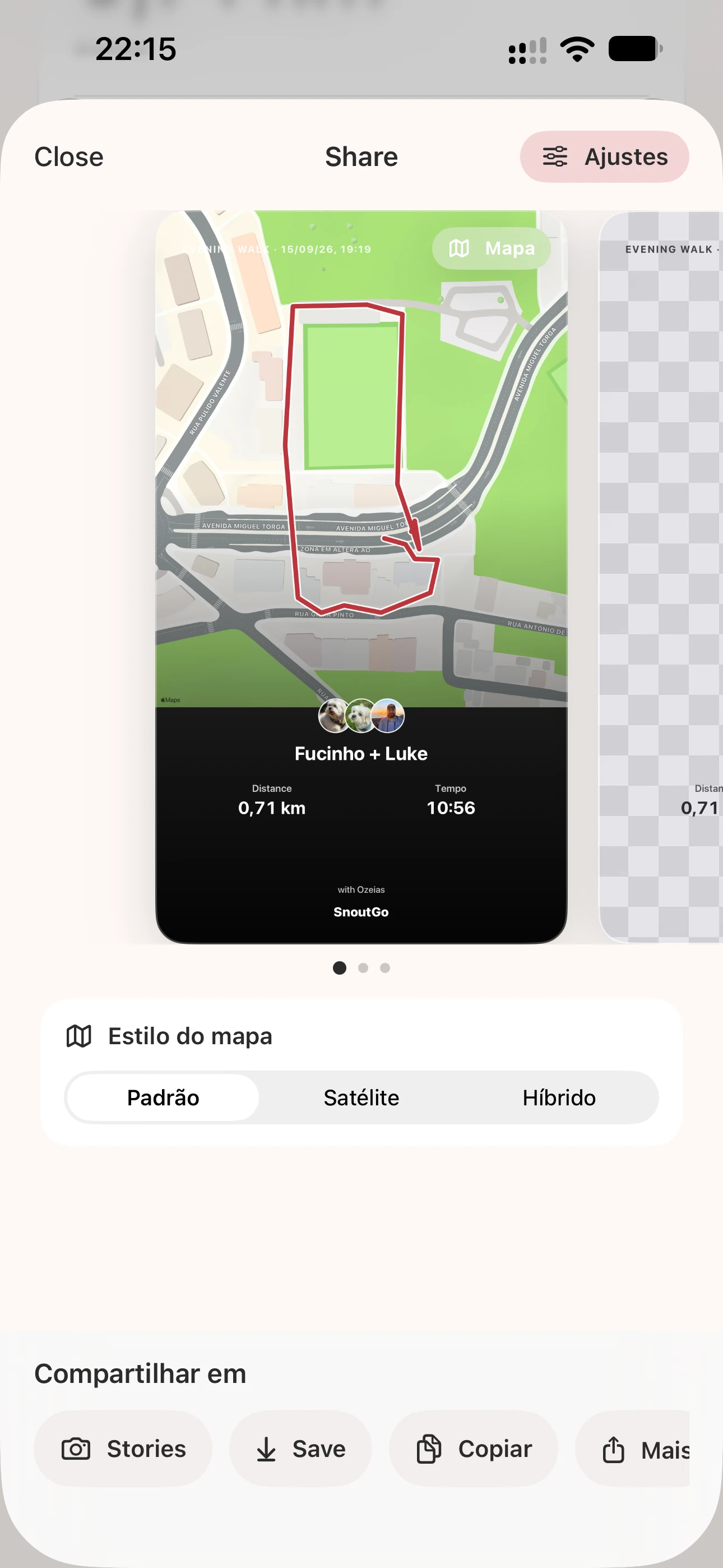 Tela do SnoutGo para compartilhar a memória de um passeio